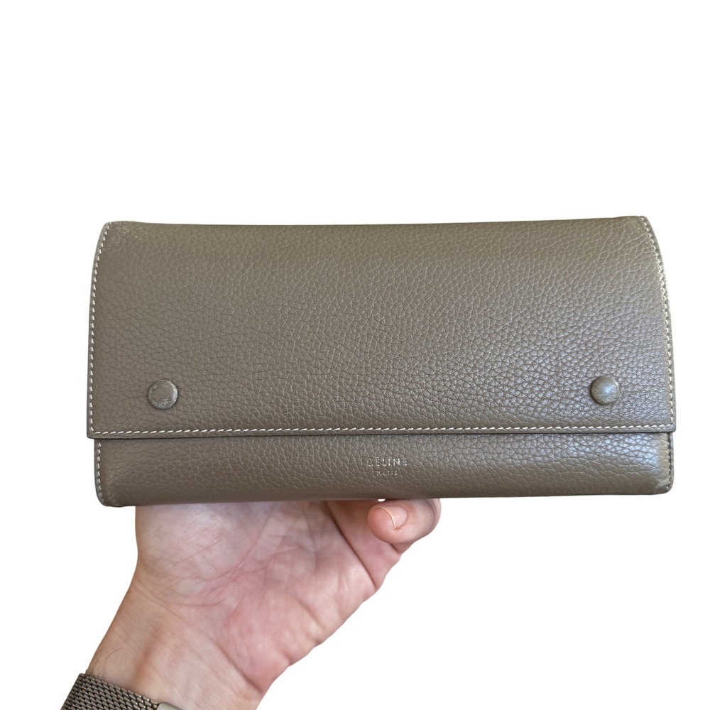 Celine Taupe Drummed Calfskin Leather Bicolor Long Flap Wallet Yellow Interior